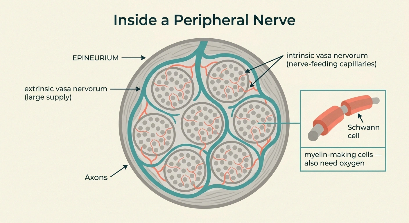 A labeled cross-section of a peripheral nerve showing the epineurium with extrinsic vasa nervorum on the outside and intrinsic vasa nervorum capillaries penetrating each fascicle to feed axons and Schwann cells.