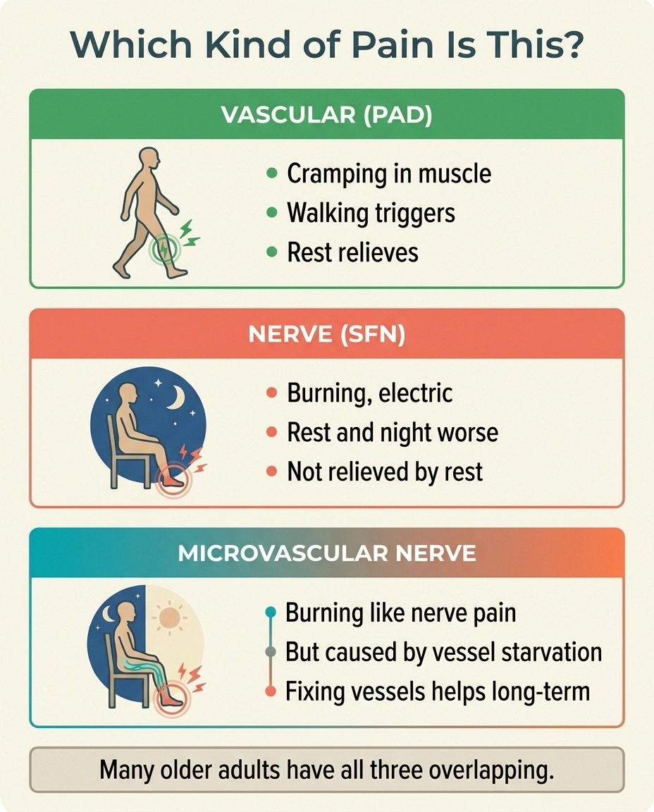 A three-column infographic distinguishing vascular pain (PAD) from nerve pain (SFN) from microvascular nerve pain, showing that microvascular disease is a vascular cause producing nerve symptoms.