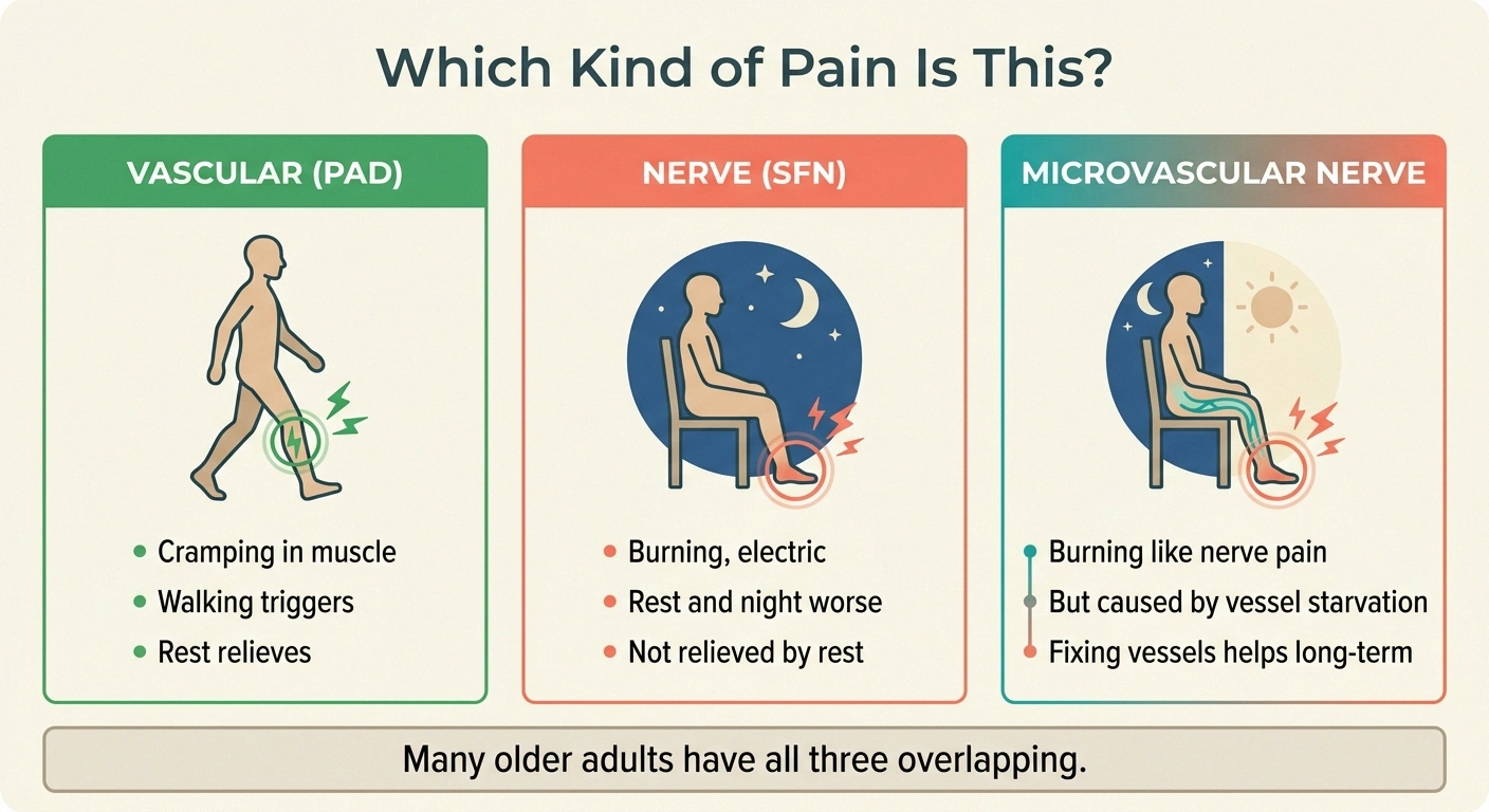 A three-column infographic distinguishing vascular pain (PAD) from nerve pain (SFN) from microvascular nerve pain, showing that microvascular disease is a vascular cause producing nerve symptoms.