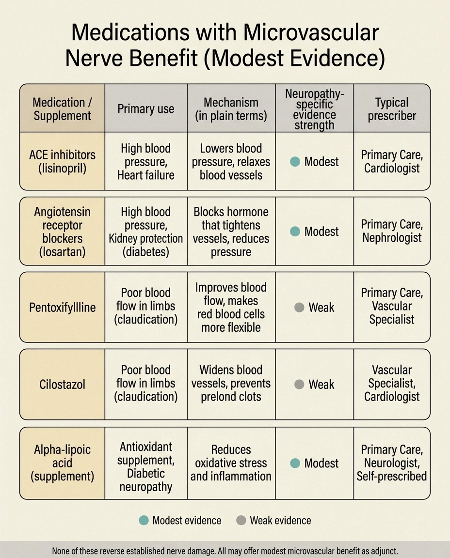 A grid infographic showing five medications and supplements with modest evidence for microvascular nerve benefit including ACE inhibitors, ARBs, pentoxifylline, cilostazol, and alpha-lipoic acid.