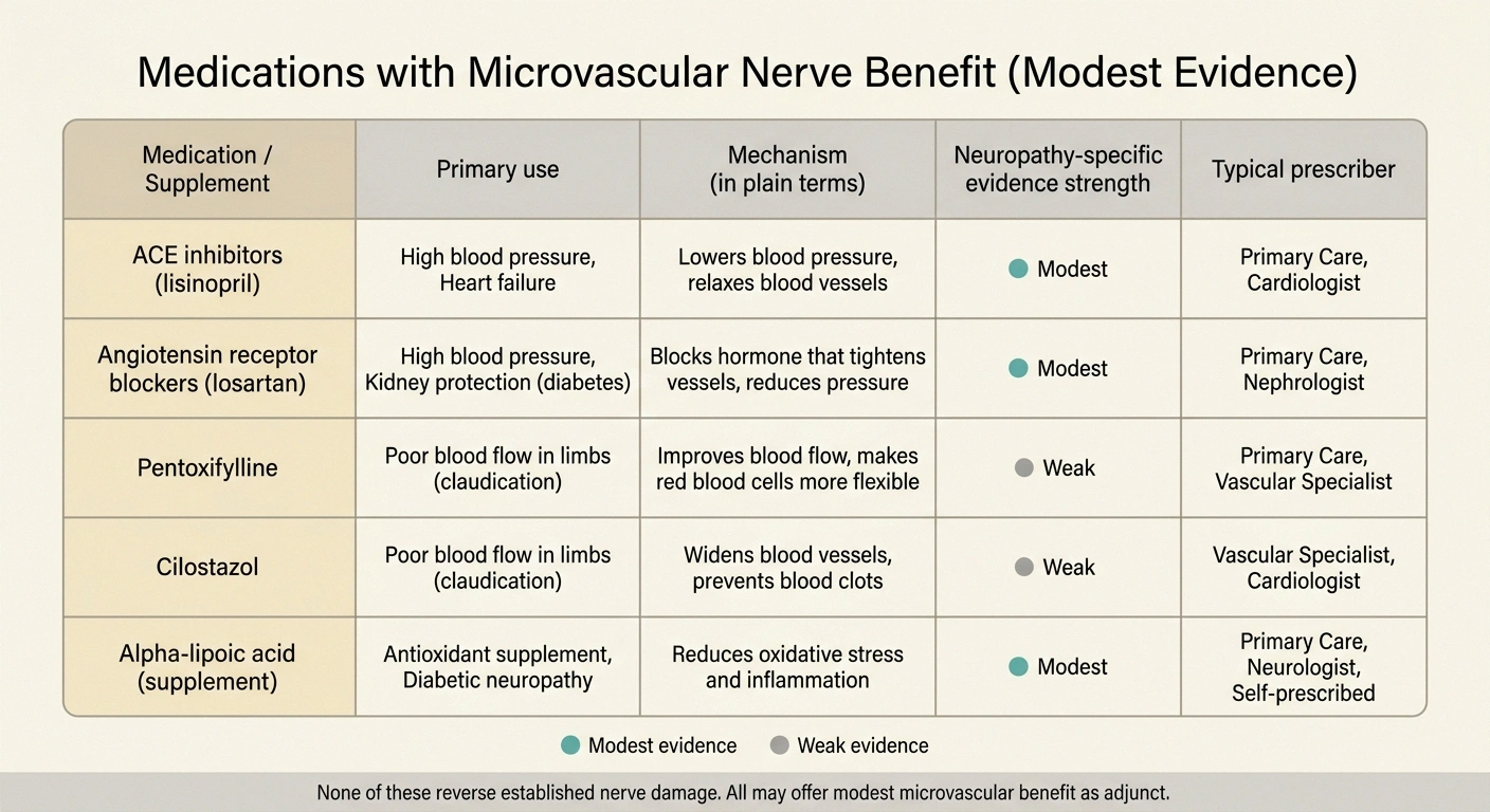 A grid infographic showing five medications and supplements with modest evidence for microvascular nerve benefit including ACE inhibitors, ARBs, pentoxifylline, cilostazol, and alpha-lipoic acid.