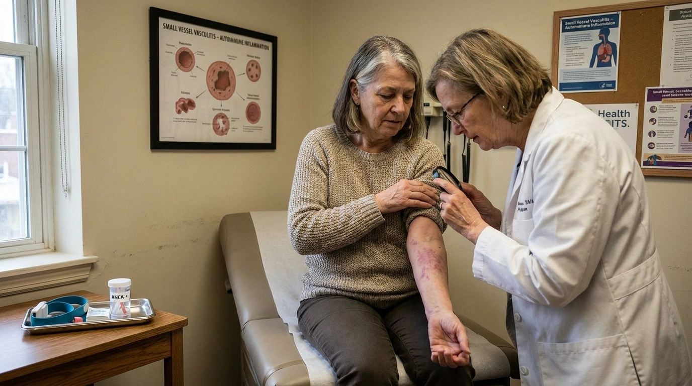 A woman in her late 50s shows a rheumatologist a subtle rash on her forearm during a vasculitis workup that includes evaluation of her rapidly-progressive nerve symptoms.
