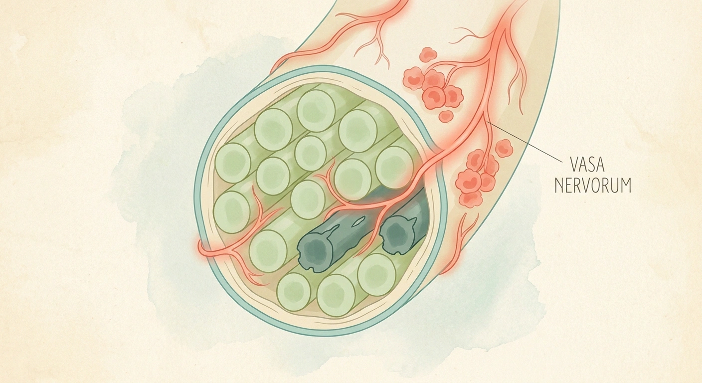 Illustration of vasa nervorum microvasculitis showing inflamed small blood vessels around a peripheral nerve in Wartenberg's neuritis