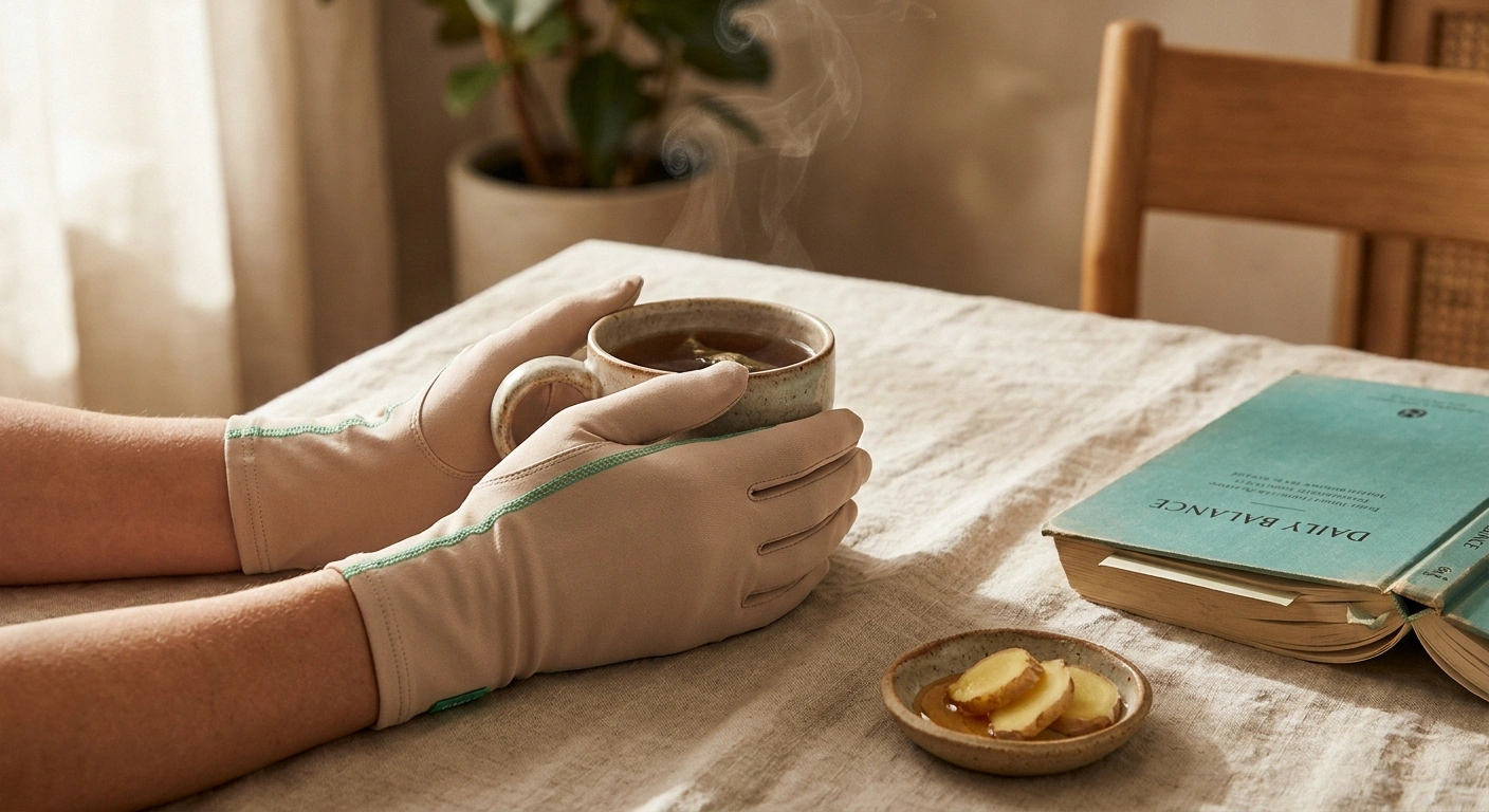 Close-up of hands wearing light compression gloves holding a warm ceramic mug of herbal tea on a linen-covered table.