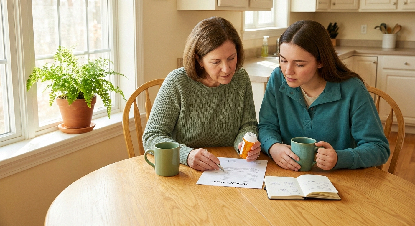 Patient and adult daughter reviewing a medication list together at a warmly lit kitchen table.