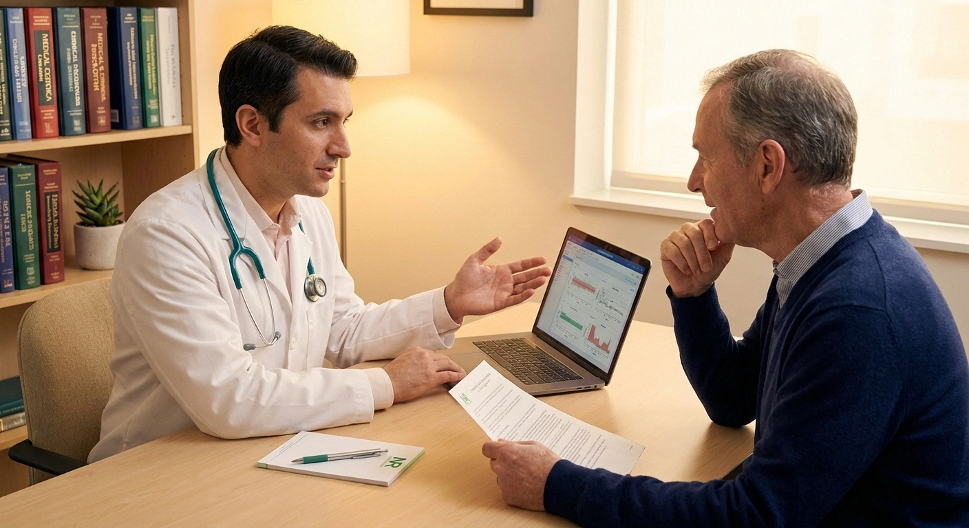 Physician in a white coat discussing pain treatment options with a patient across a warmly lit consultation desk.