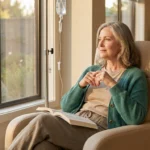 Middle-aged patient sitting in a warmly lit infusion chair by a window during chemotherapy treatment.