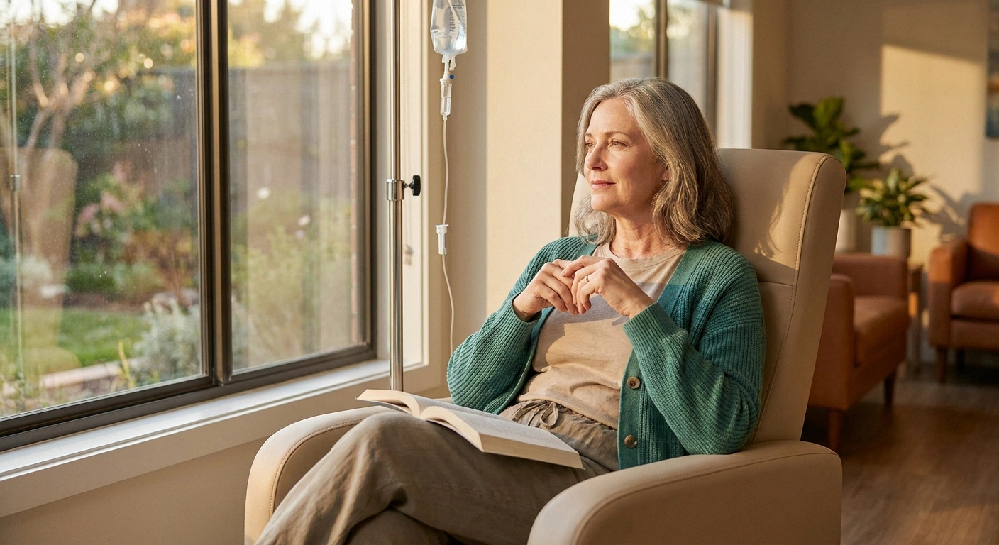 Middle-aged patient sitting in a warmly lit infusion chair by a window during chemotherapy treatment.
