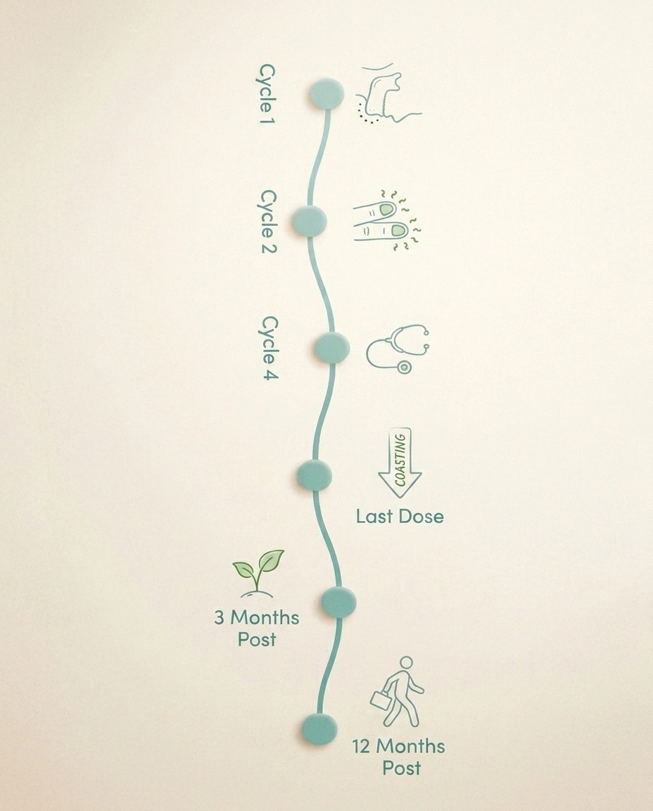 Editorial timeline sketch showing vincristine neuropathy symptom progression from first cycle through post-treatment recovery.