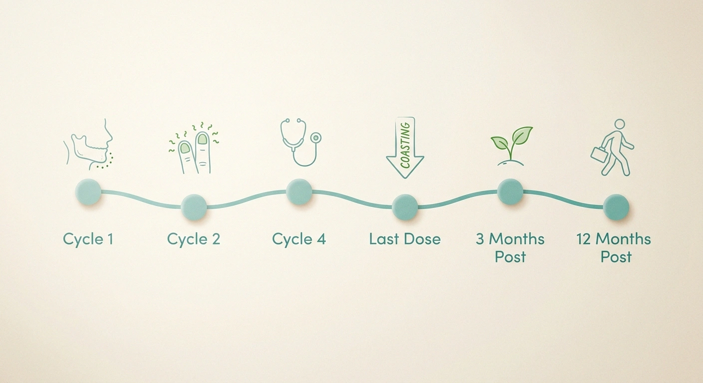Editorial timeline sketch showing vincristine neuropathy symptom progression from first cycle through post-treatment recovery.