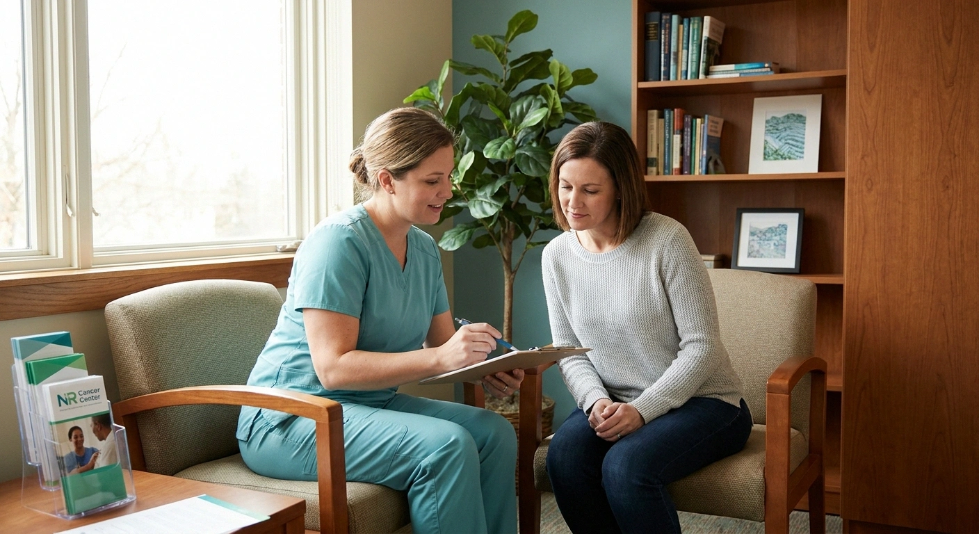 Oncology nurse in teal scrubs sitting with a patient reviewing a symptom monitoring chart during a follow-up visit.