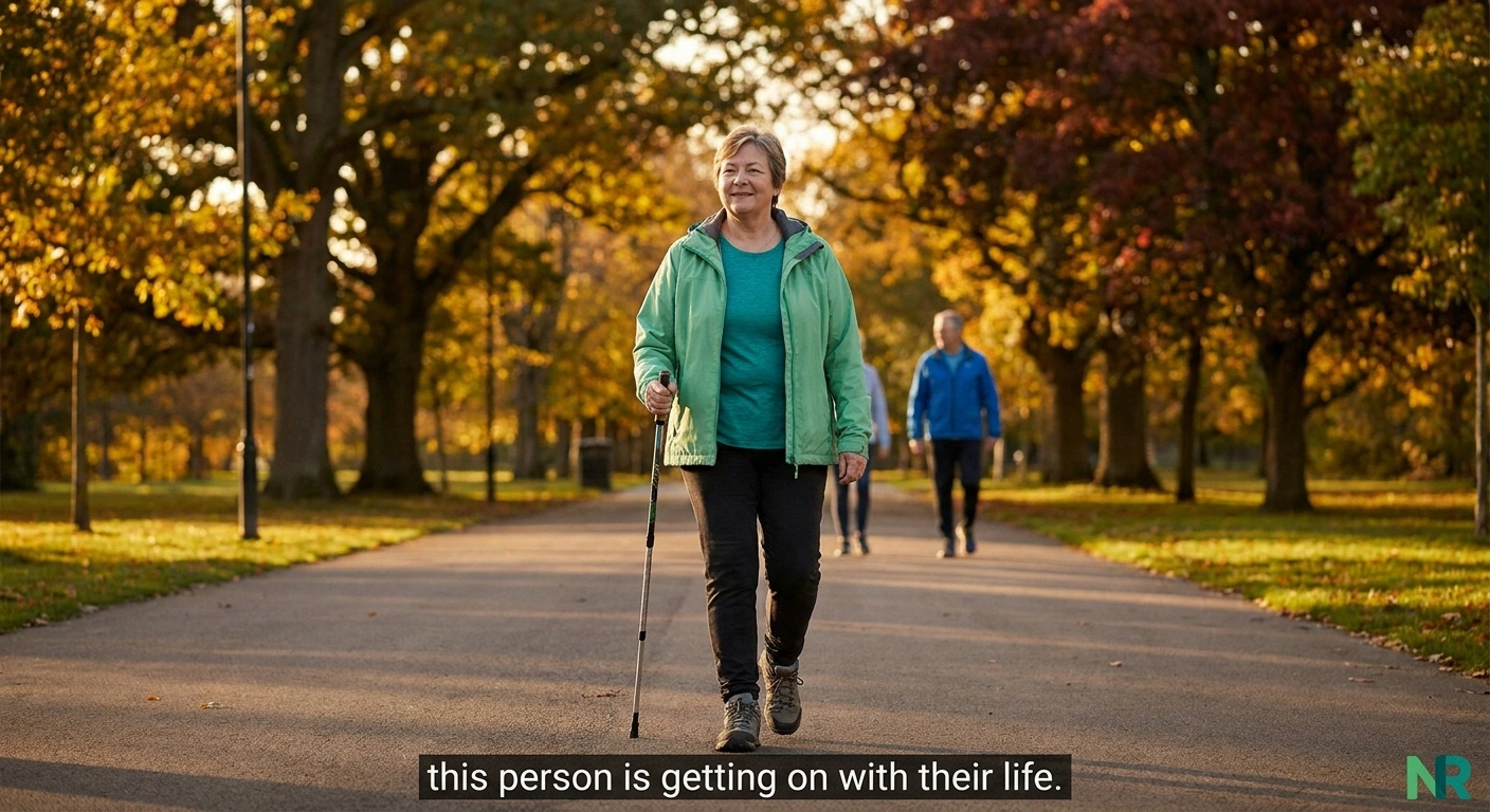 Cancer survivor walking on a wide park path in autumn with a trekking pole and a companion in the middle distance.