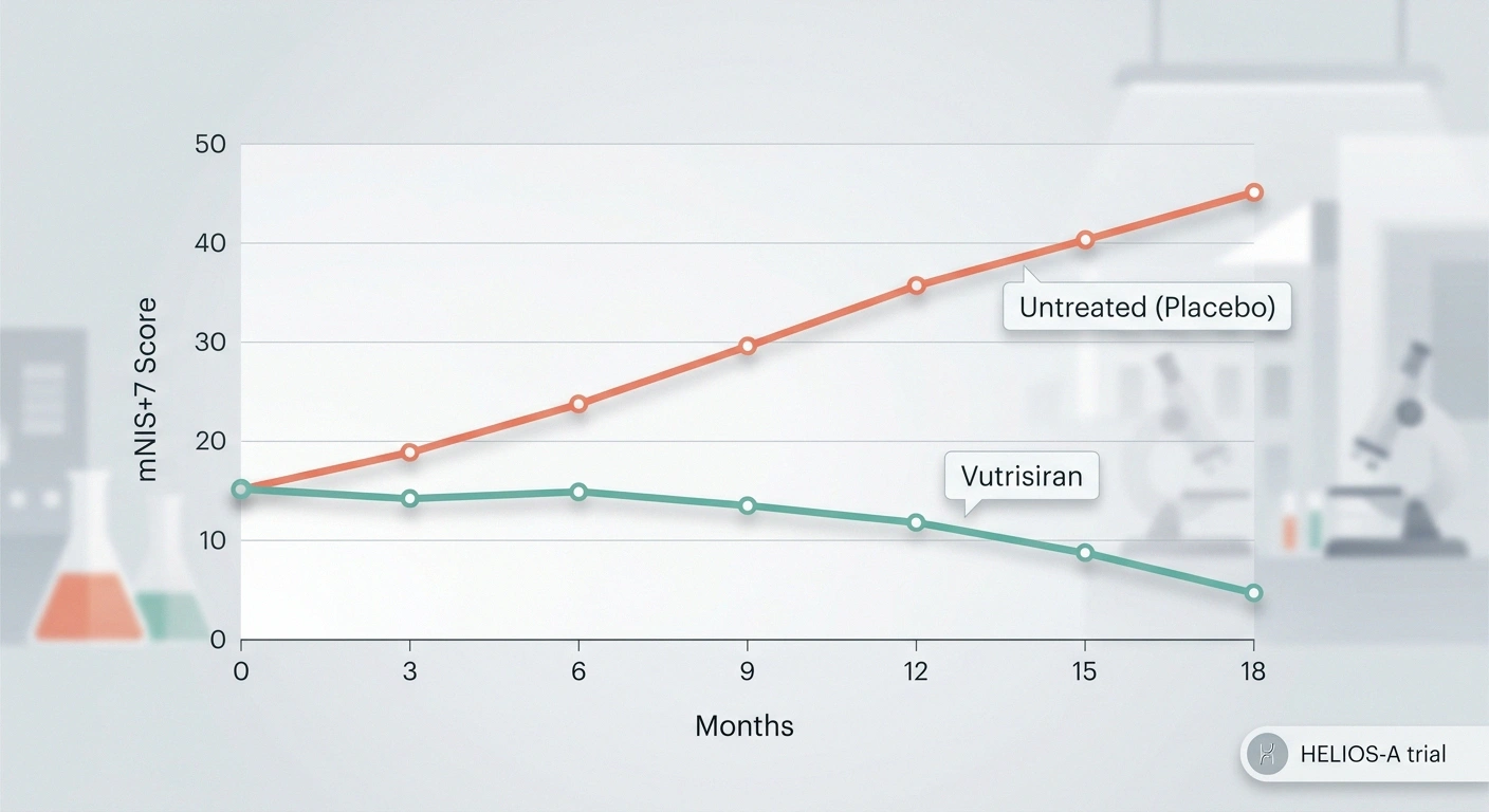 HELIOS-A trial data showing vutrisiran improved neuropathy scores while placebo group progressively worsened