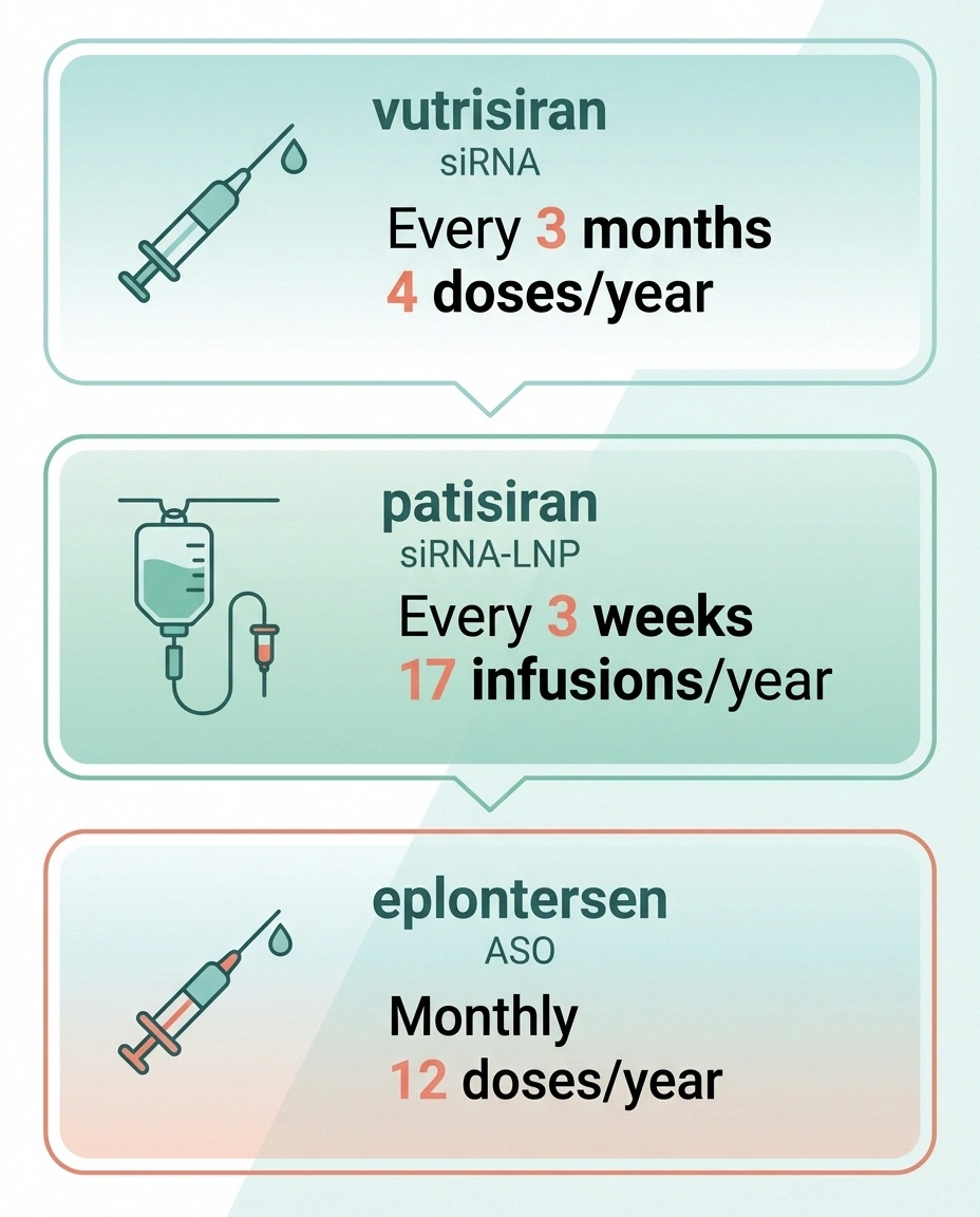 Comparison of vutrisiran, patisiran, and eplontersen dosing frequency and administration routes for hATTR neuropathy