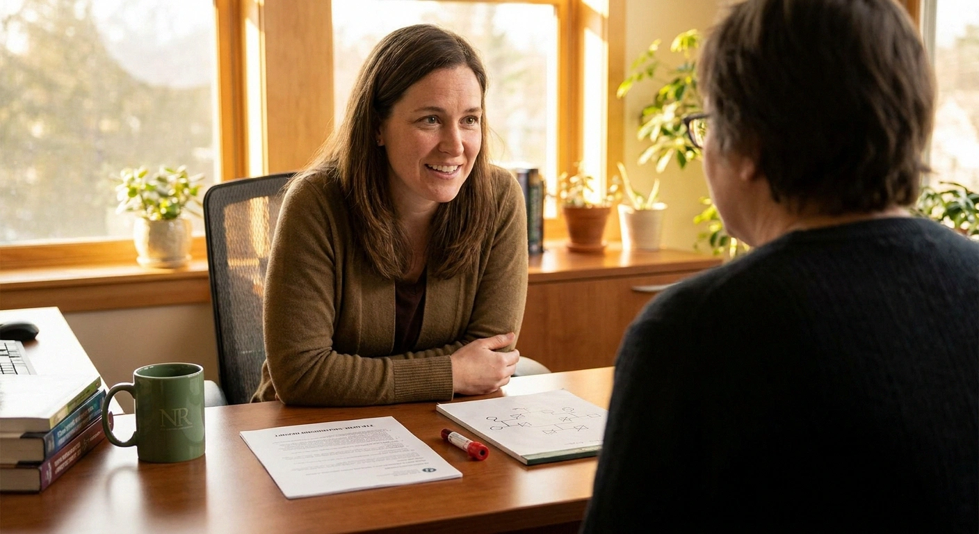 Genetic counselor reviewing TTR gene test results and family history with a patient during hATTR consultation