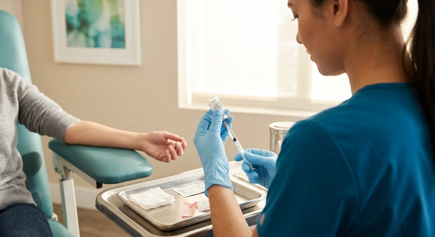 Healthcare professional preparing a subcutaneous vutrisiran injection for a patient with hATTR polyneuropathy