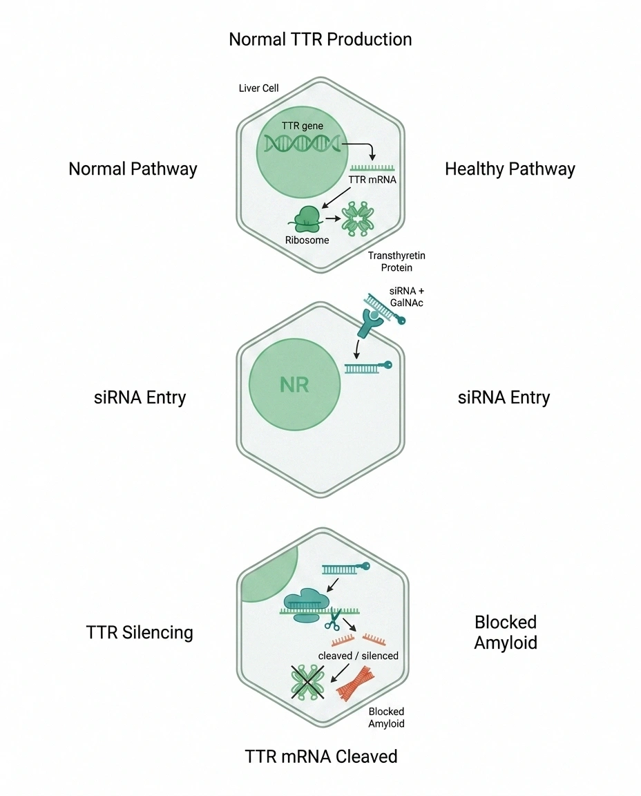 Diagram showing how vutrisiran siRNA silences TTR messenger RNA in liver cells to reduce amyloid formation