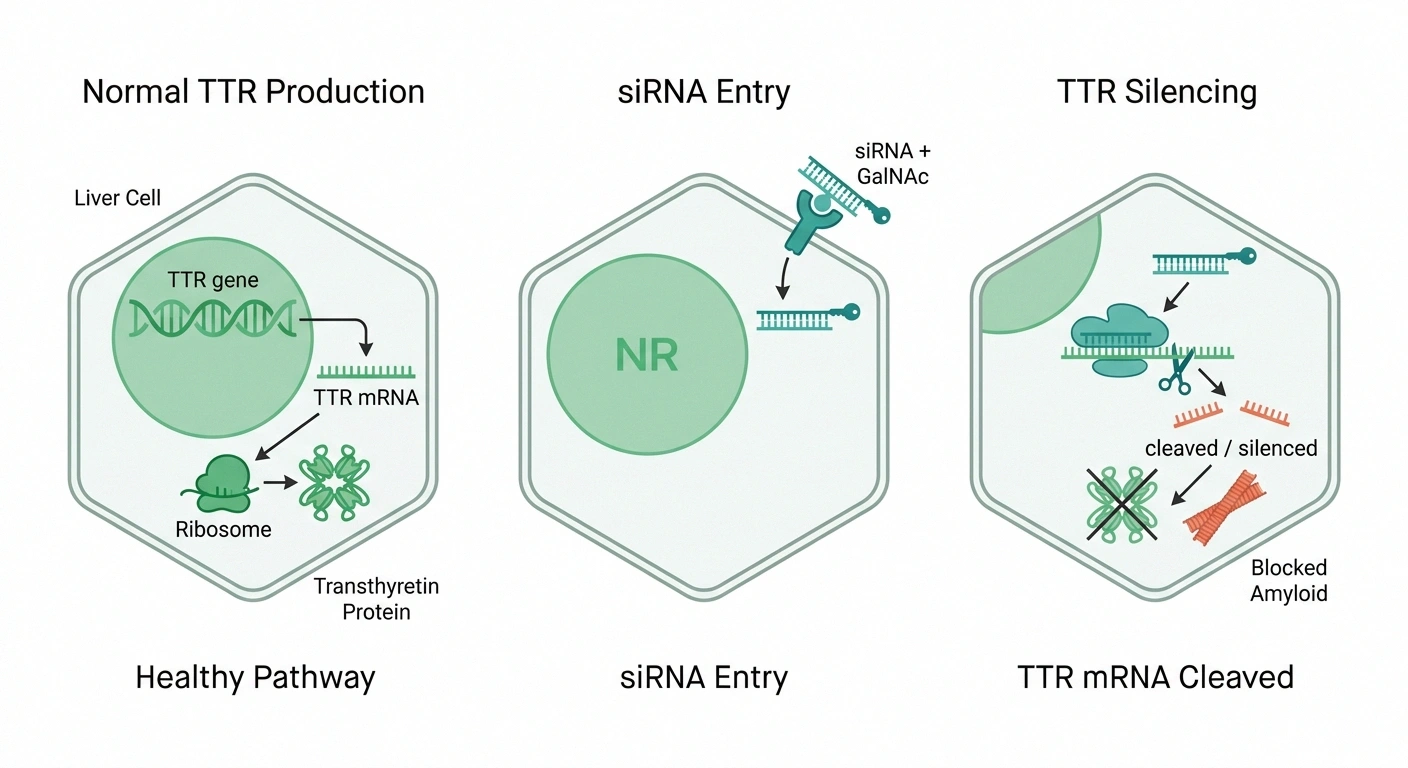 Diagram showing how vutrisiran siRNA silences TTR messenger RNA in liver cells to reduce amyloid formation