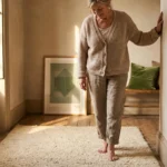 Older woman standing barefoot on a rug at home while feeling the walking on cotton neuropathy sensation