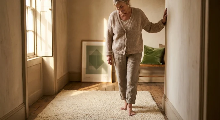 Older woman standing barefoot on a rug at home while feeling the walking on cotton neuropathy sensation