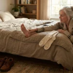 Older woman examining her bare foot on the edge of a bed, illustrating the puzzling walking-on-marbles sensation in neuropathy.