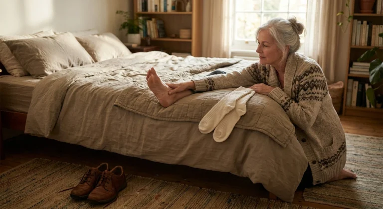 Older woman examining her bare foot on the edge of a bed, illustrating the puzzling walking-on-marbles sensation in neuropathy.