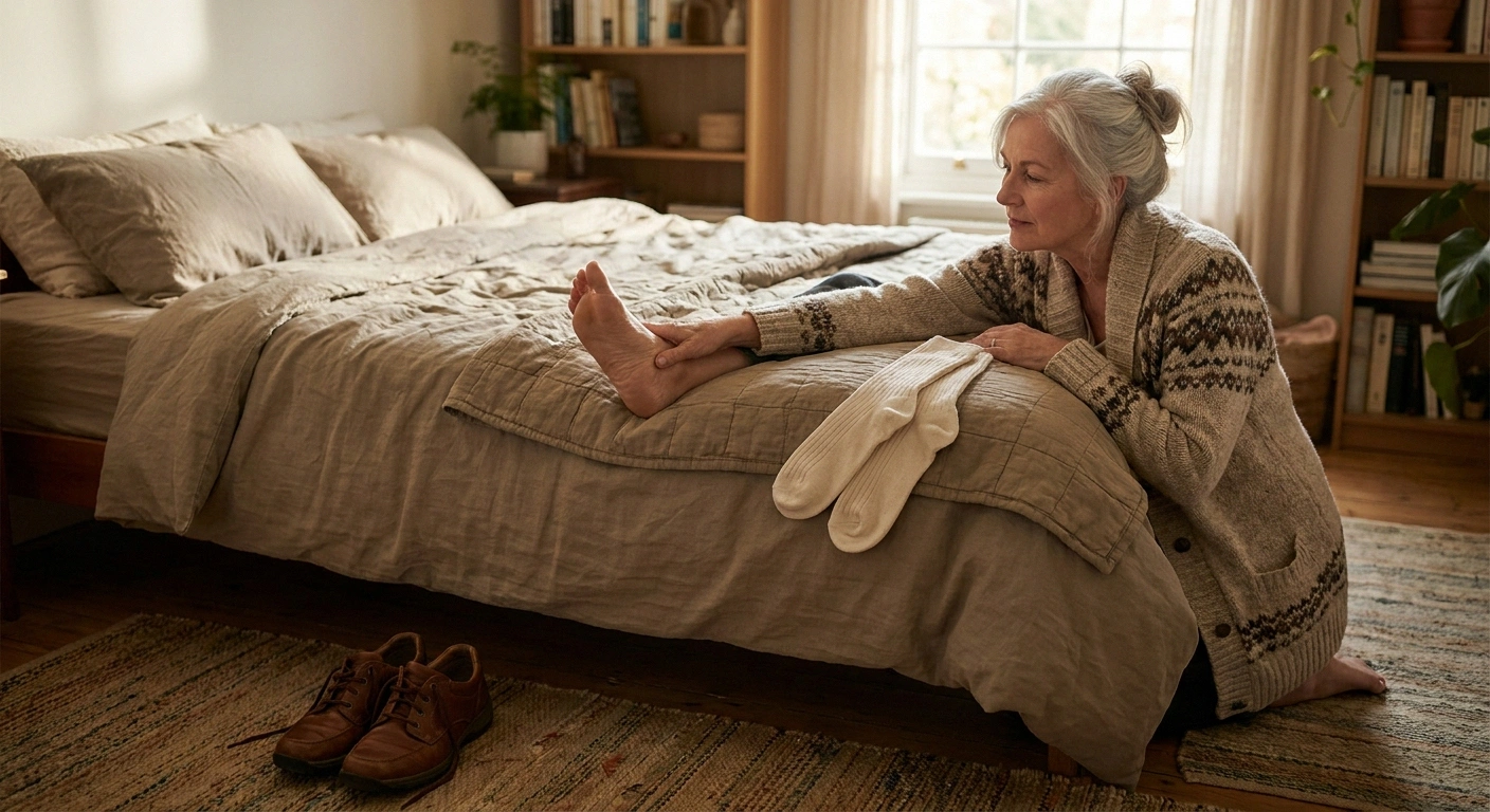 Older woman examining her bare foot on the edge of a bed, illustrating the puzzling walking-on-marbles sensation in neuropathy.