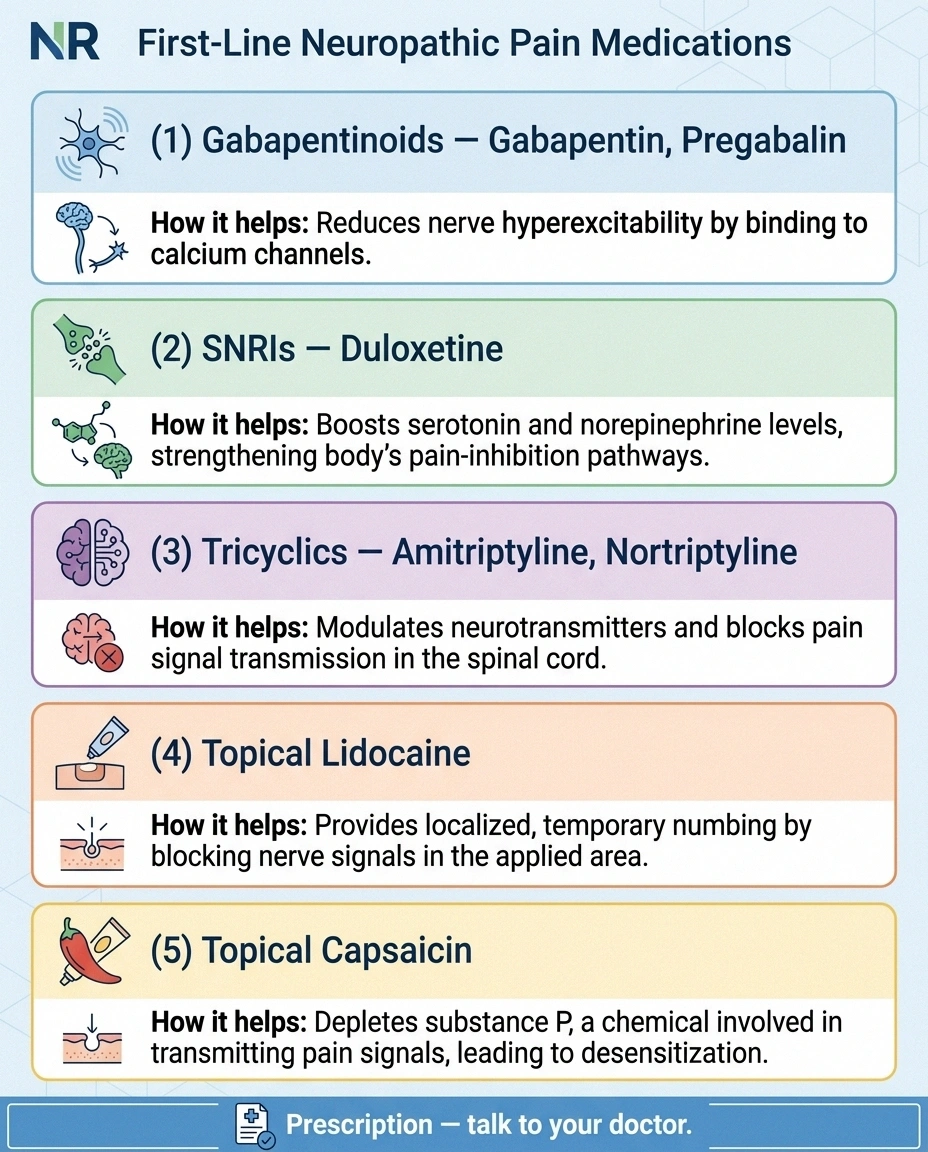 Infographic of first-line neuropathic pain medications including gabapentin, duloxetine, and lidocaine patches