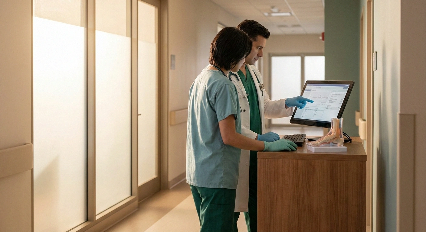 Two clinicians reviewing a patient chart together, illustrating coordinated neuropathy care across specialties.