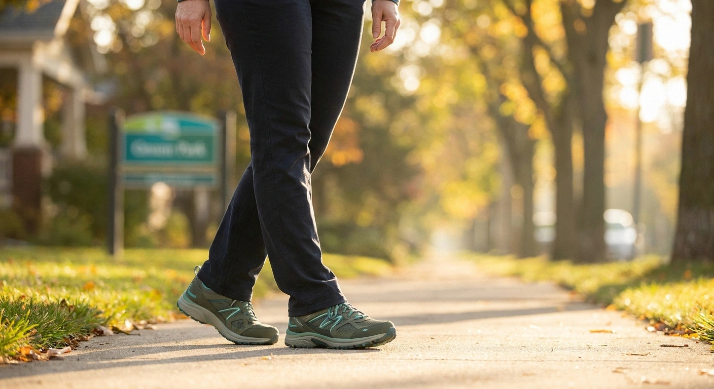 Woman walking confidently in supportive shoes on a neighborhood sidewalk after a podiatrist visit.