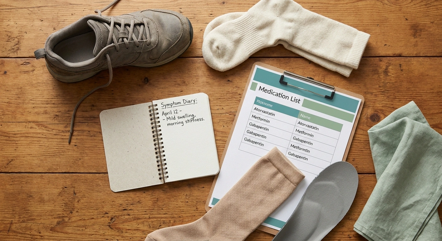Flat-lay of shoes, socks, orthotic insert, symptom diary and medication list prepared for a podiatrist visit.