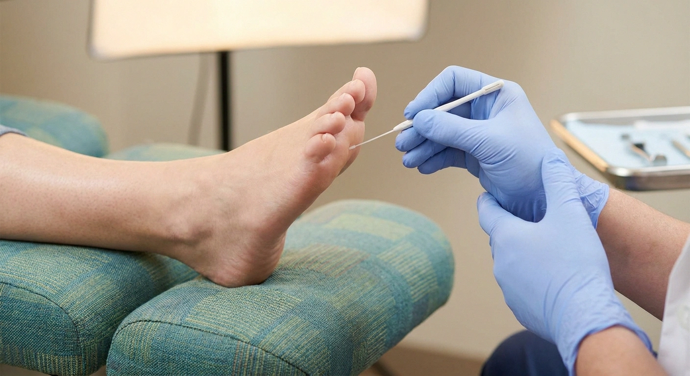 Clinician performing a 10-gram monofilament test on a patient's foot during a diabetic foot exam.