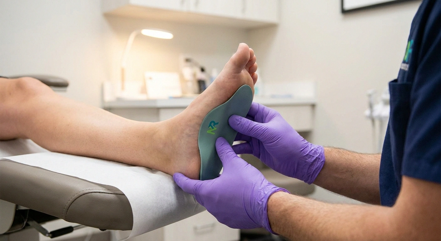 Podiatrist checking the fit of a custom orthotic against a patient's foot during a neuropathy follow-up visit.