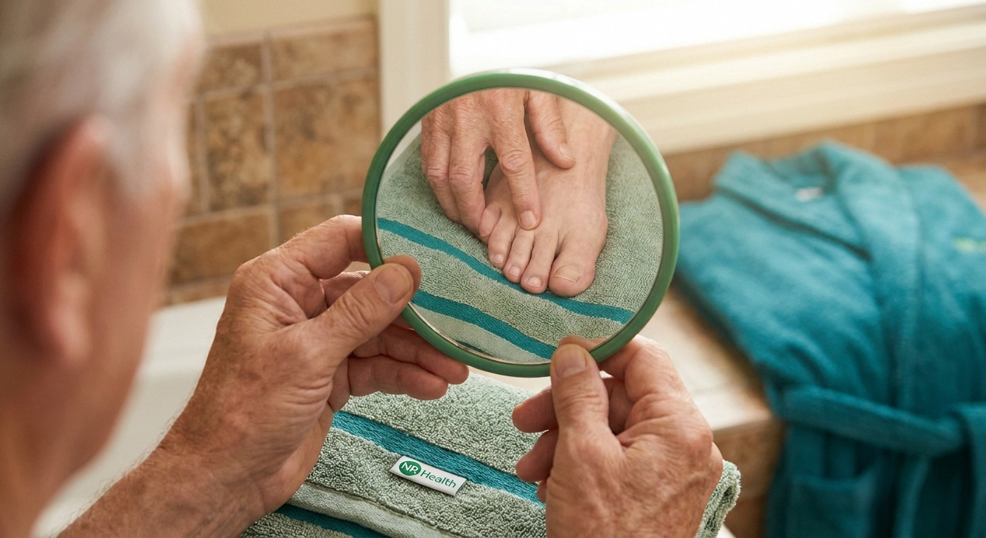 Older adult using a handheld mirror to perform a daily neuropathy foot self-check at home.