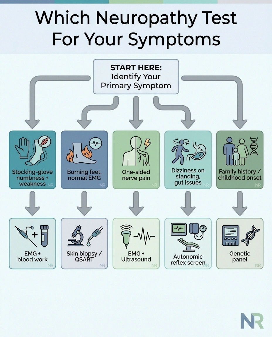 Decision tree infographic matching neuropathy symptom patterns to the right diagnostic test