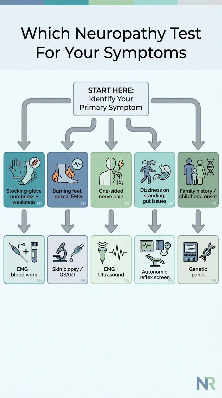 Decision tree infographic matching neuropathy symptom patterns to the right diagnostic test