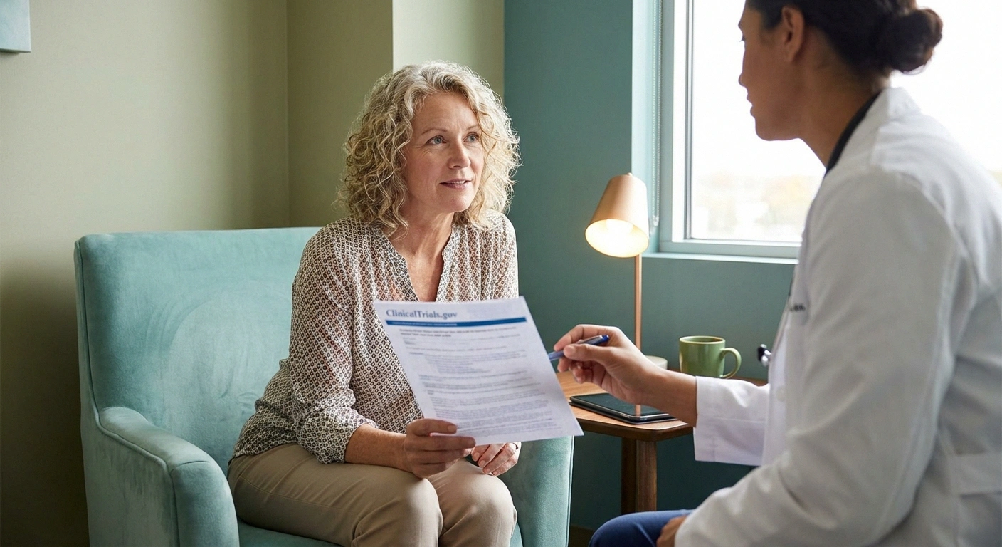 Patient and clinician reviewing a printed clinical trial listing together during an office visit.