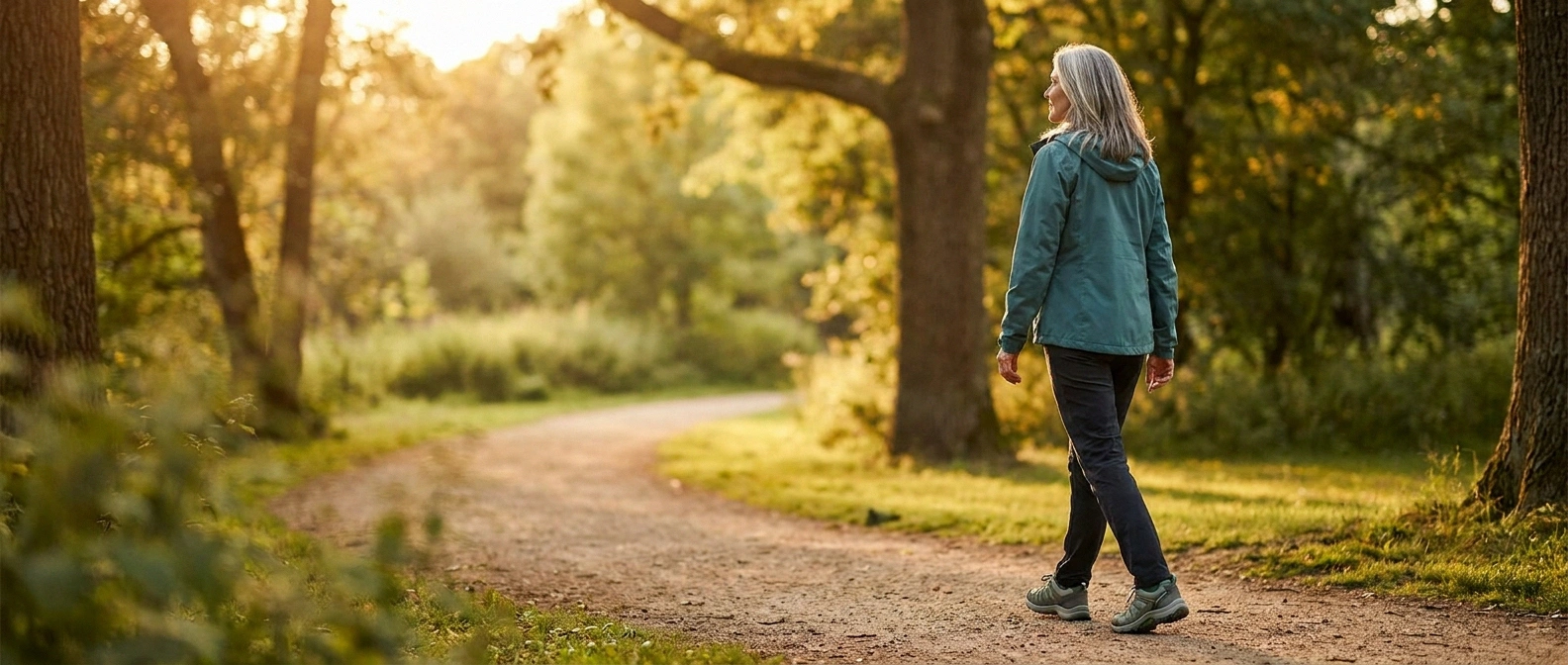 Woman walking calmly through a sunlit park path in supportive shoes, illustrating hopeful daily life with neuropathy.