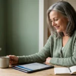 Woman reading a clinical trial listing on a tablet at her kitchen table while researching a topical neuropathy drug.