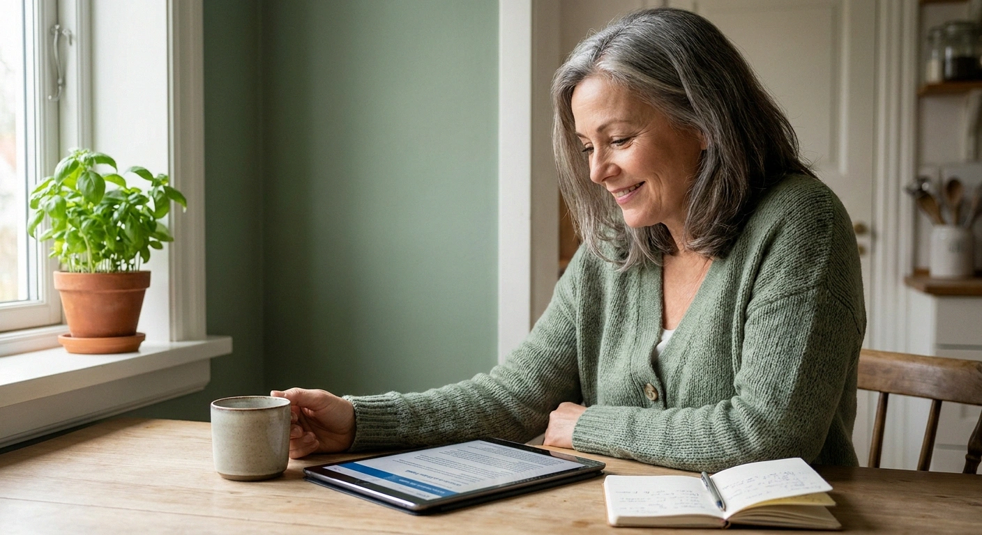 Woman reading a clinical trial listing on a tablet at her kitchen table while researching a topical neuropathy drug.