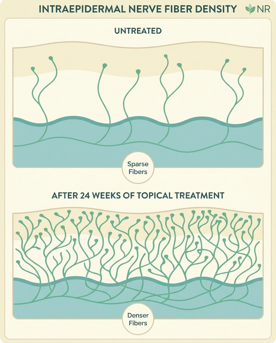 Illustration comparing sparse and dense intraepidermal nerve fiber density in skin cross-sections.