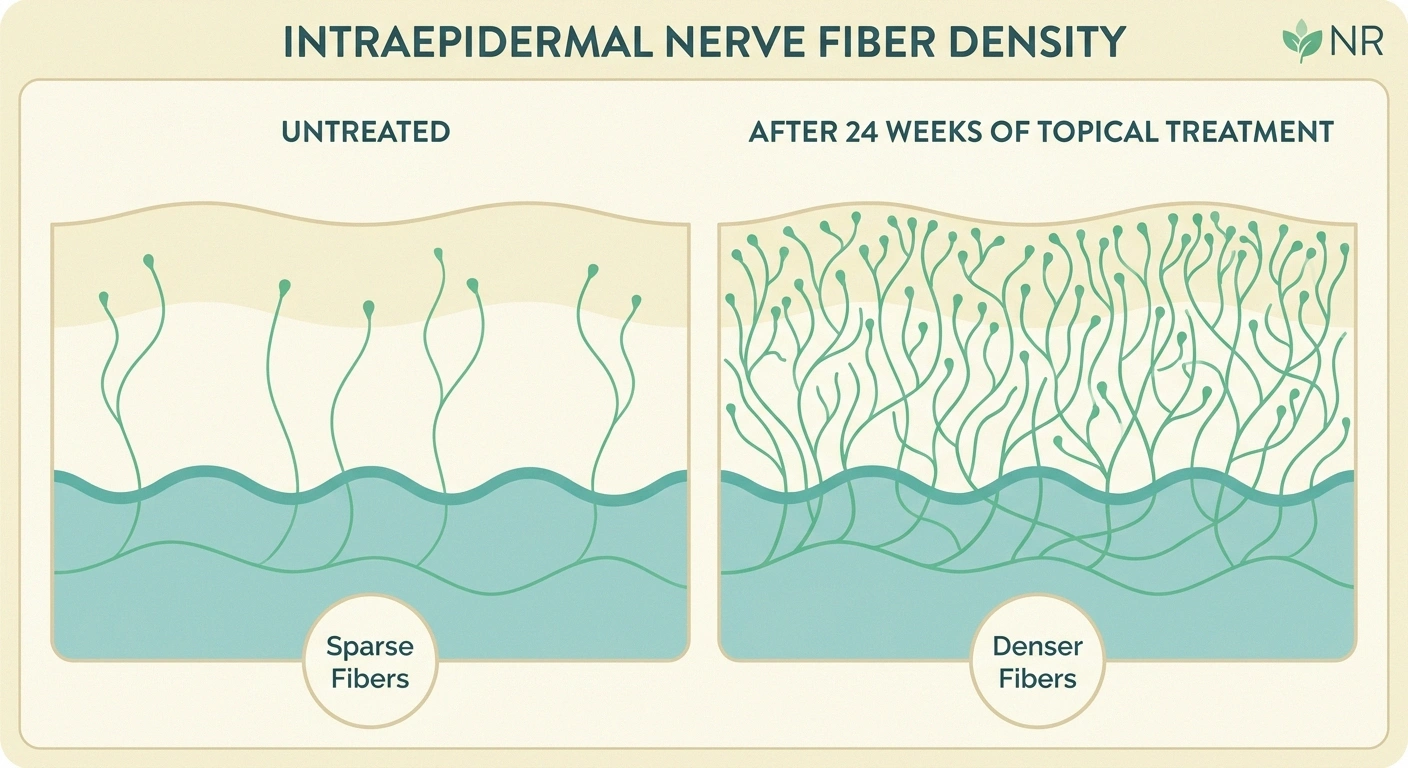 Illustration comparing sparse and dense intraepidermal nerve fiber density in skin cross-sections.