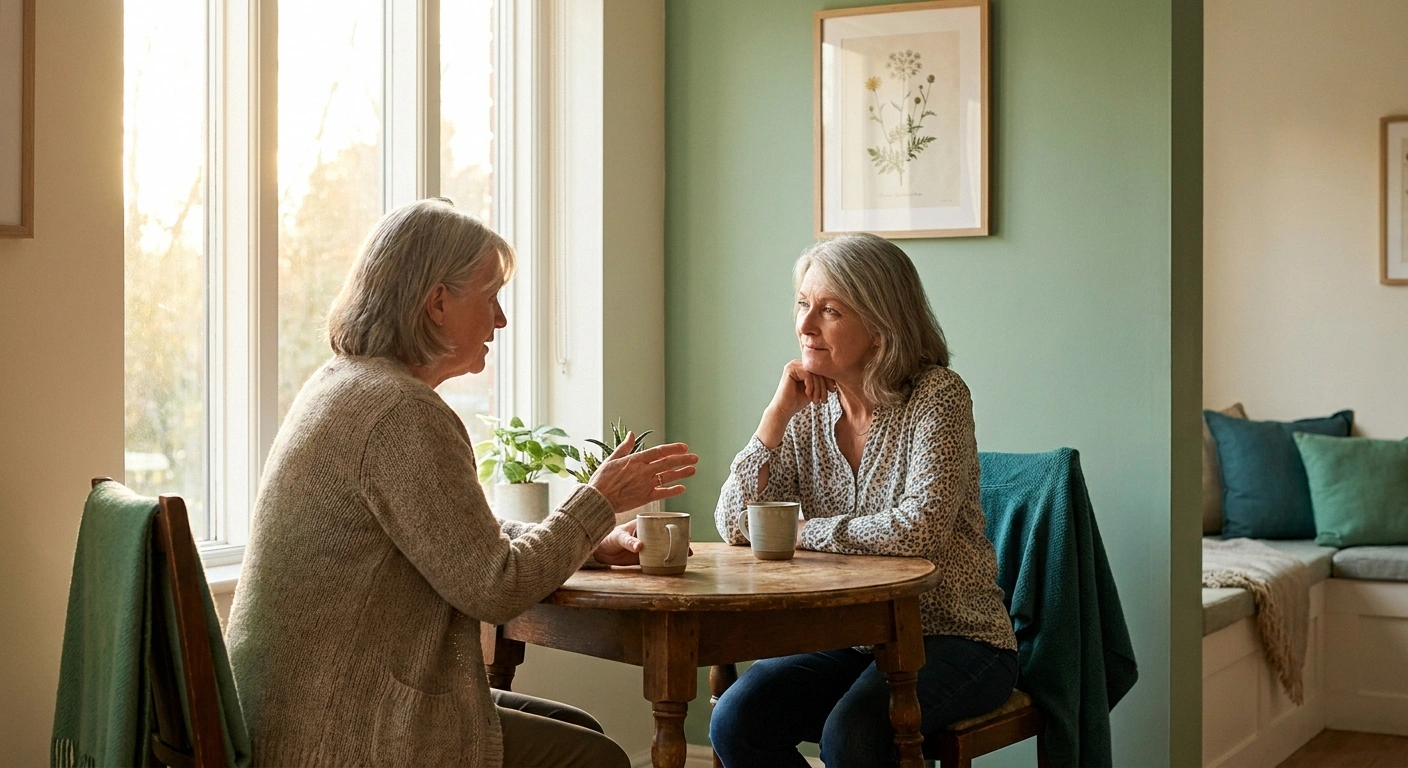 Two older women talking over coffee in a community room, illustrating peer support for neuropathy patients researching treatments.