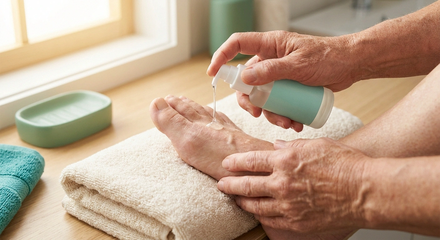 Older adult applying a topical solution from a pump bottle to the top of a bare foot during a morning routine.