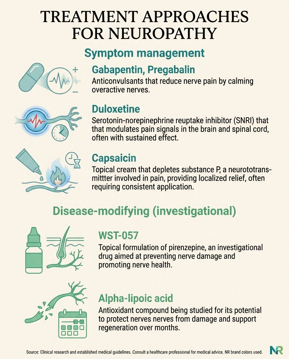 Infographic comparing symptom-management neuropathy drugs with disease-modifying candidates including WST-057.