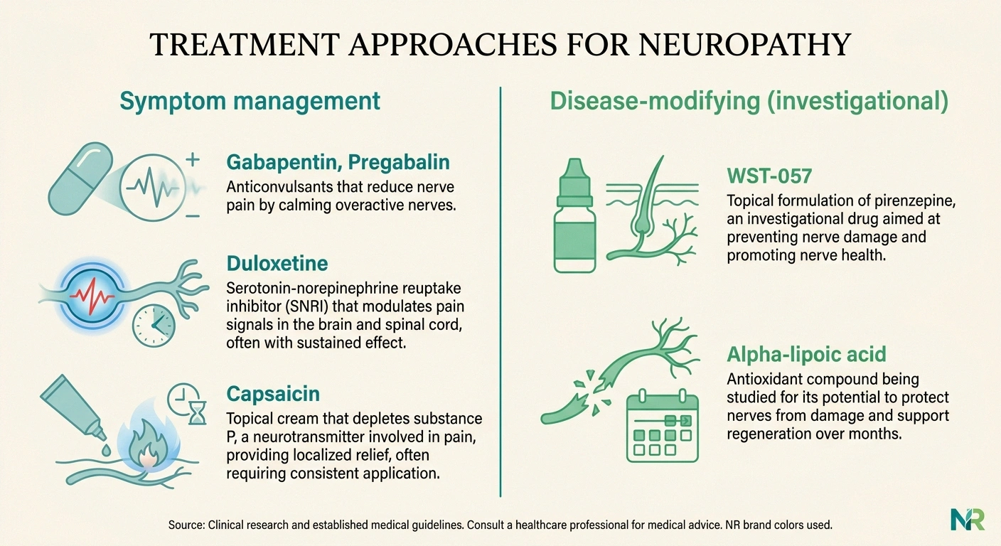 Infographic comparing symptom-management neuropathy drugs with disease-modifying candidates including WST-057.