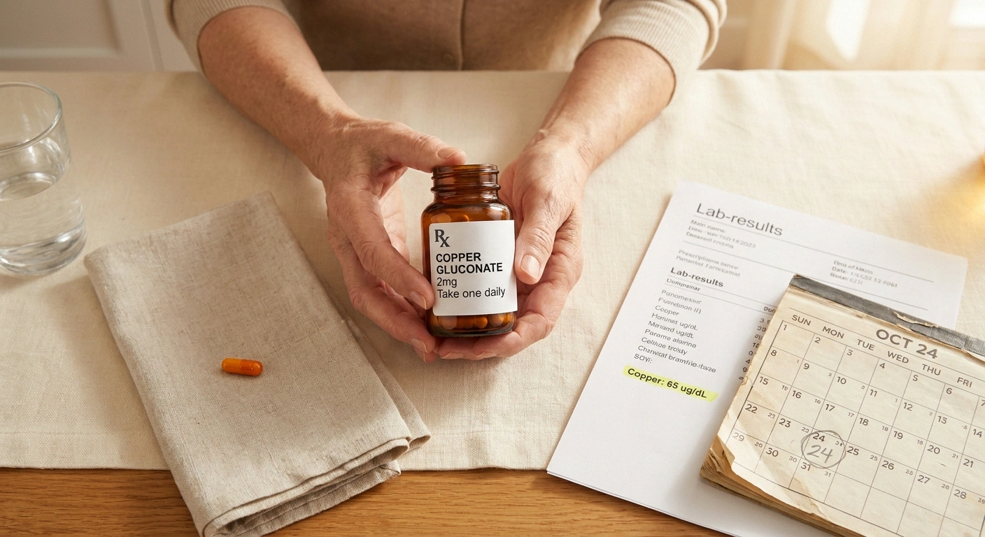 An older woman's hands hold a copper gluconate supplement bottle on a warm kitchen table beside a highlighted lab results page and a calendar with a follow-up date circled.
