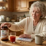 A woman in her early seventies at a warm kitchen table with a bottle of zinc lozenges in front of her, looking thoughtful, moments after learning the supplement may have caused her neuropathy.