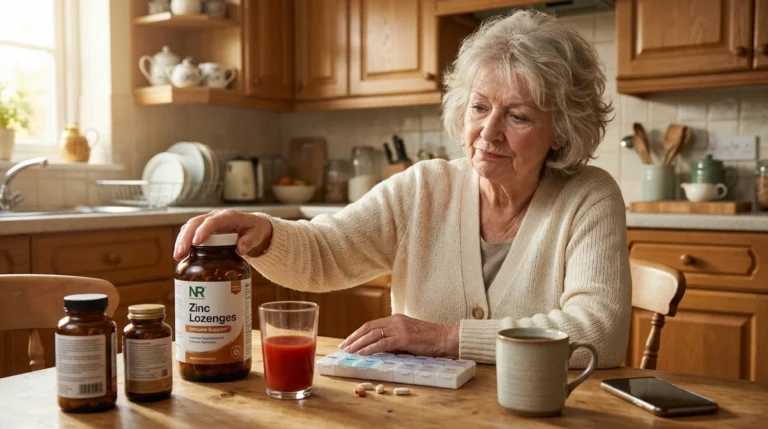 A woman in her early seventies at a warm kitchen table with a bottle of zinc lozenges in front of her, looking thoughtful, moments after learning the supplement may have caused her neuropathy.