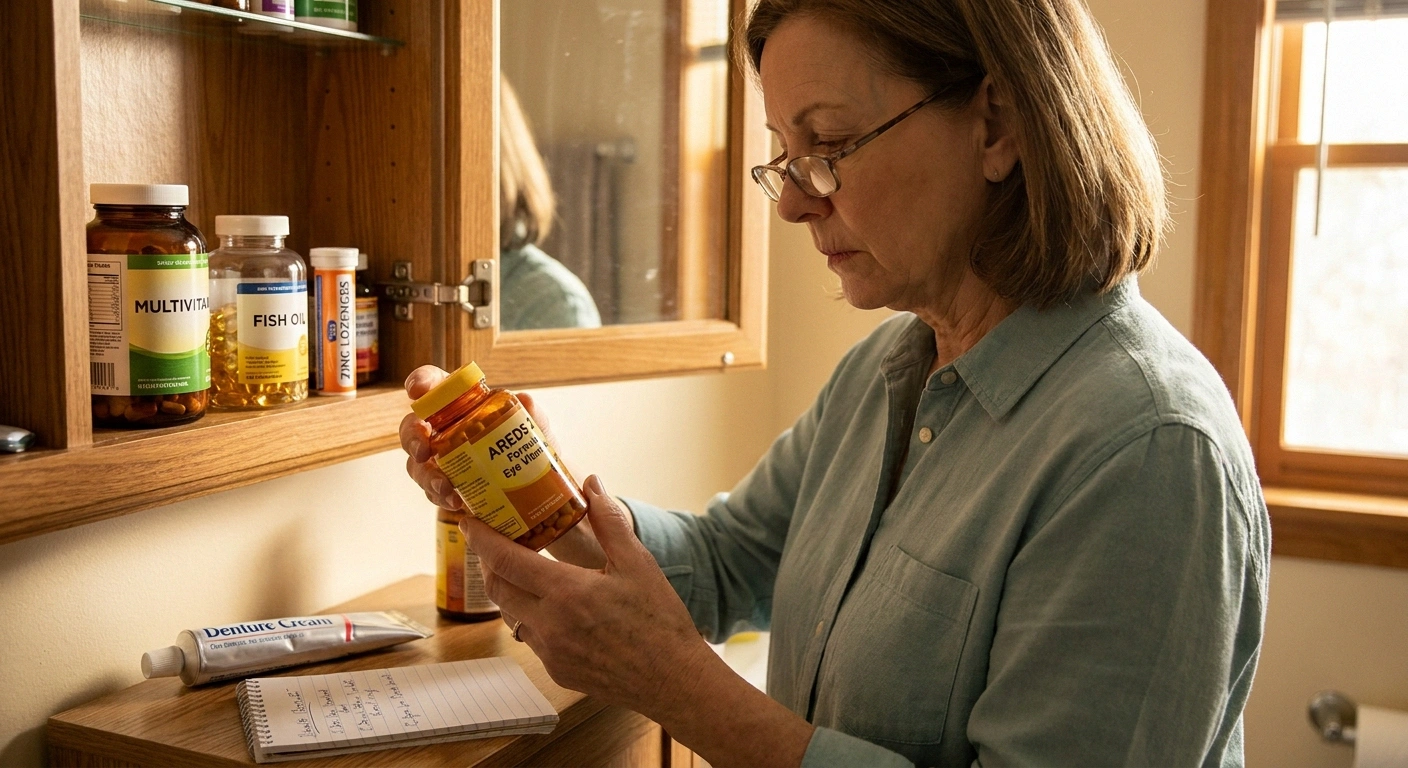 A mid-60s woman in reading glasses examines the label on an AREDS-style eye vitamin bottle at her bathroom counter, auditing her supplements for hidden zinc.